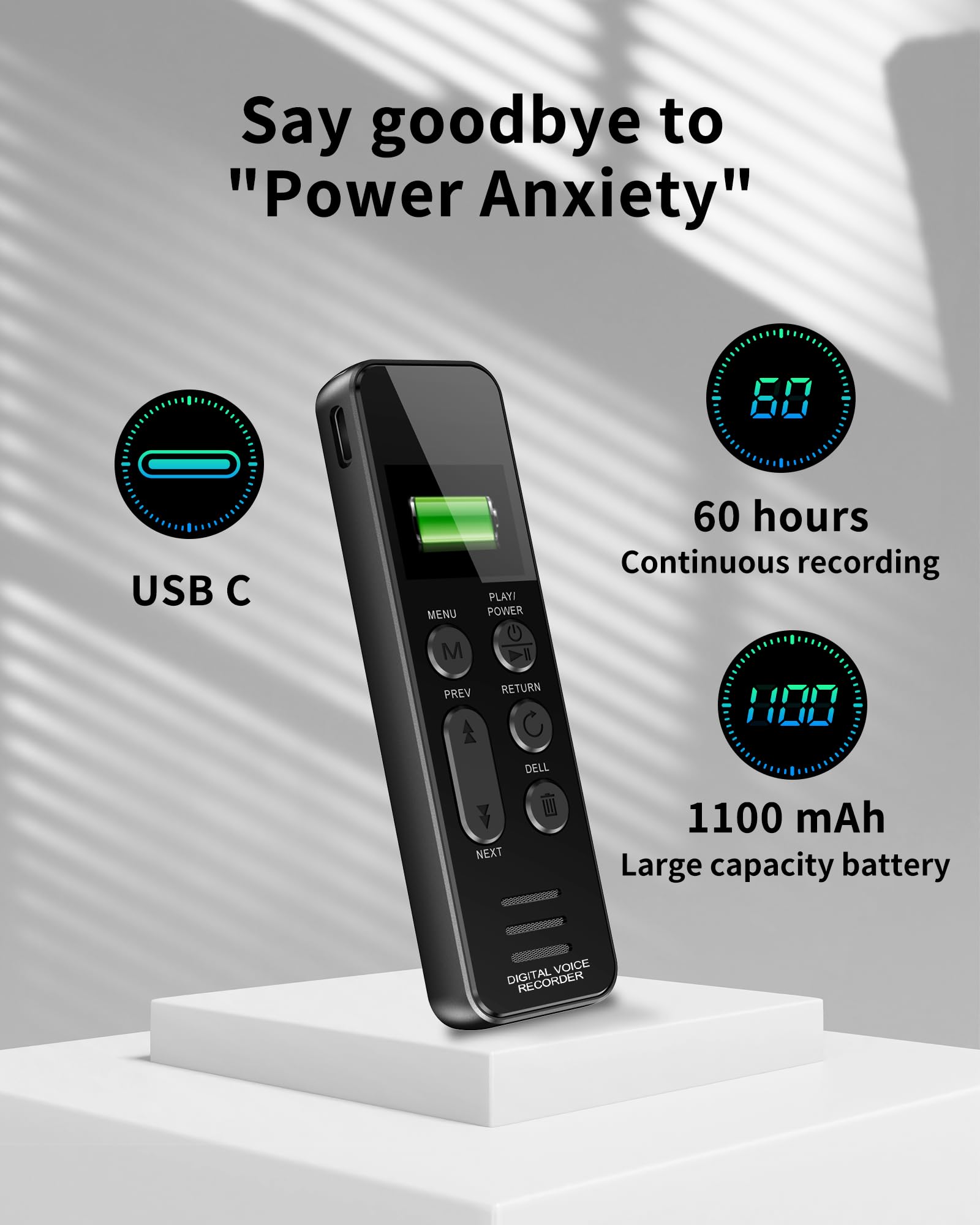 60H Voice Recorder with Playback, XIXITPY 64GB Audio Recorder with Port USB C, 750 Hours of Storage and 60 Hours of Continuous Recording, Voice Activated Recorder for Lectures, Meetings and More