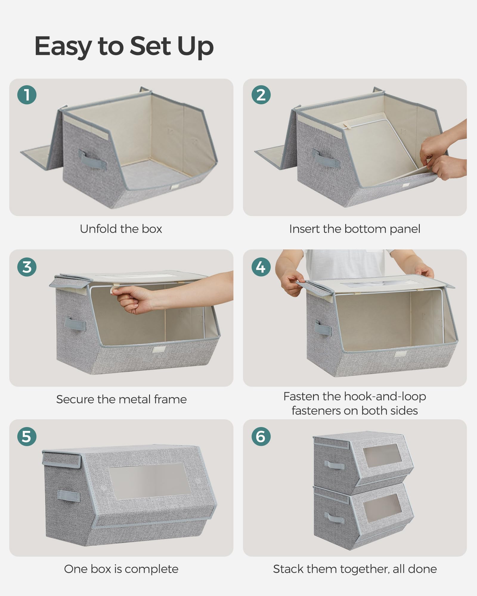 SONGMICS Stackable Storage Bins Set of 2, Storage Boxes with Lids and Front Windows, Non-Woven Fabric Closet Organizers with Magnetic Closures, Side Handles, Dove Gray URLB002W01