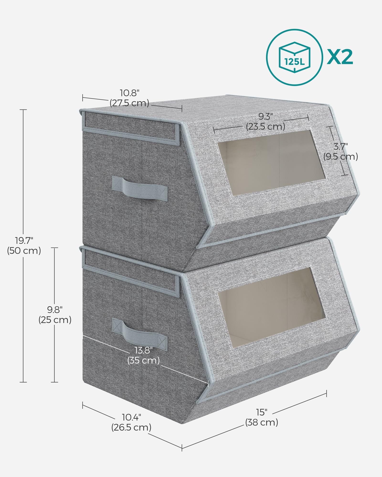 SONGMICS Stackable Storage Bins Set of 2, Storage Boxes with Lids and Front Windows, Non-Woven Fabric Closet Organizers with Magnetic Closures, Side Handles, Dove Gray URLB002W01