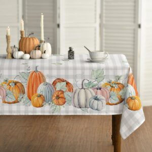 horaldaily fall tablecloth 60x84 inch rectangular, thanksgiving autumn harvest watercolor pumpkins blue buffalo plaid table cover for party picnic dinner decor