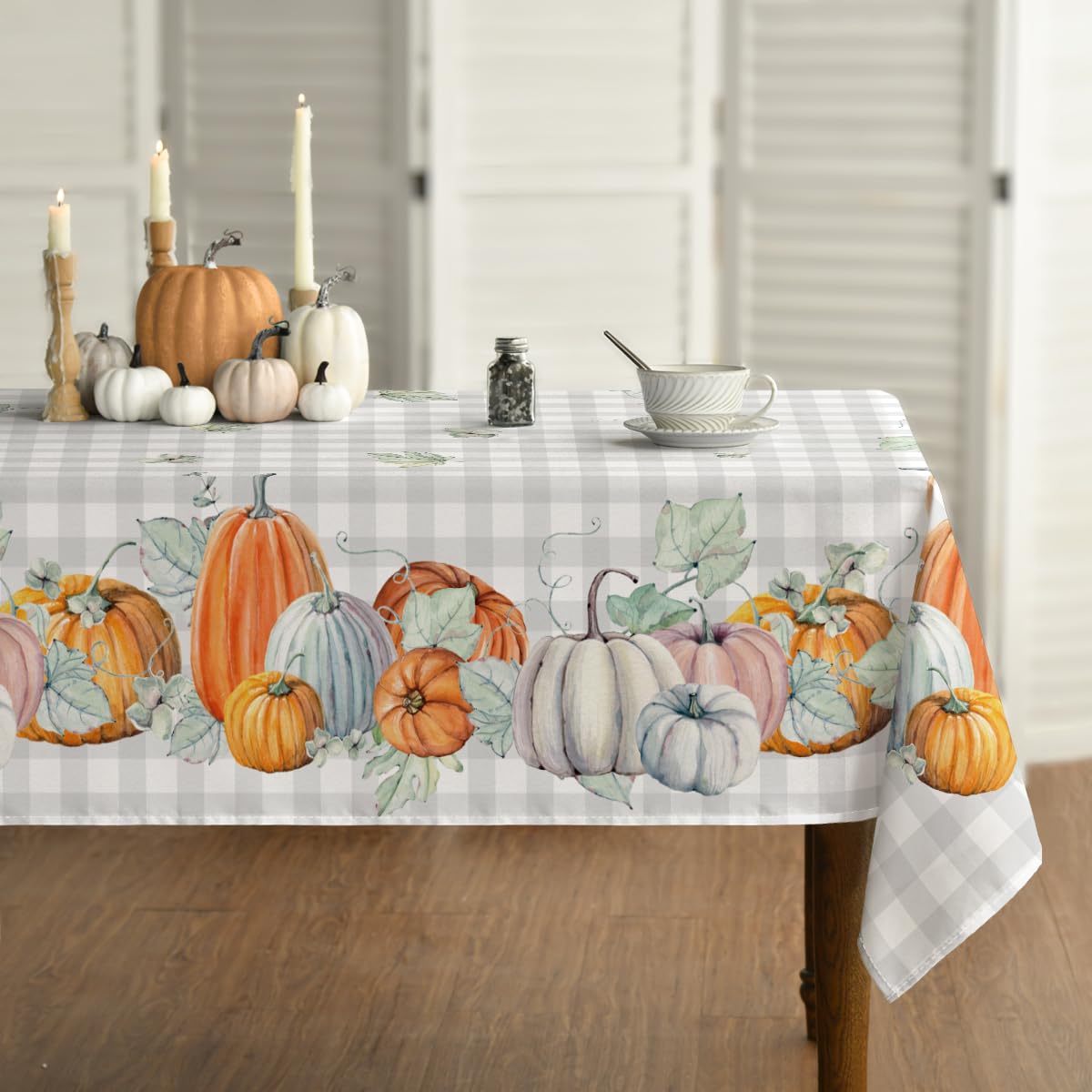 Horaldaily Fall Tablecloth 60x84 Inch Rectangular, Thanksgiving Autumn Harvest Watercolor Pumpkins Blue Buffalo Plaid Table Cover for Party Picnic Dinner Decor