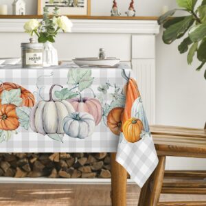 Horaldaily Fall Tablecloth 60x84 Inch Rectangular, Thanksgiving Autumn Harvest Watercolor Pumpkins Blue Buffalo Plaid Table Cover for Party Picnic Dinner Decor