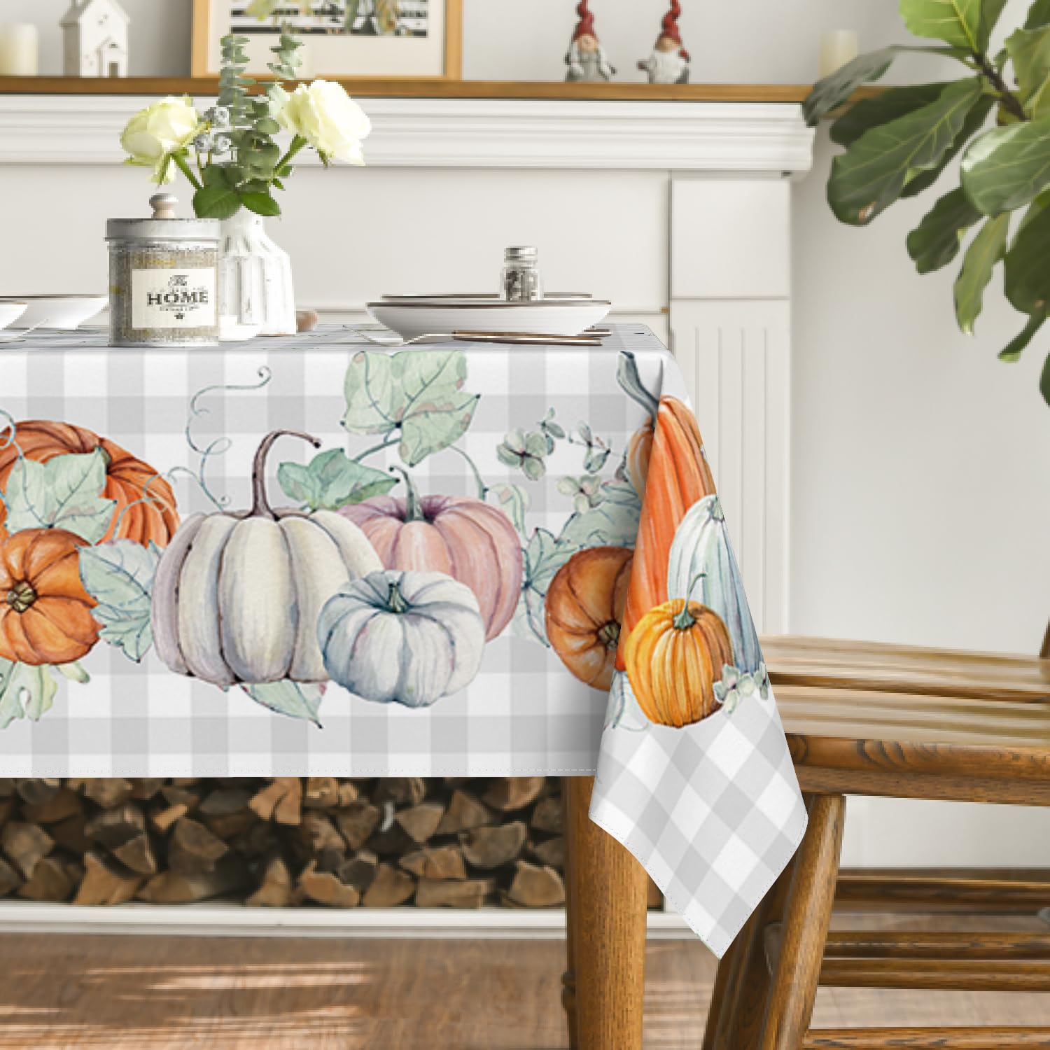 Horaldaily Fall Tablecloth 60x84 Inch Rectangular, Thanksgiving Autumn Harvest Watercolor Pumpkins Blue Buffalo Plaid Table Cover for Party Picnic Dinner Decor