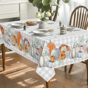 Horaldaily Fall Tablecloth 60x84 Inch Rectangular, Thanksgiving Autumn Harvest Watercolor Pumpkins Blue Buffalo Plaid Table Cover for Party Picnic Dinner Decor