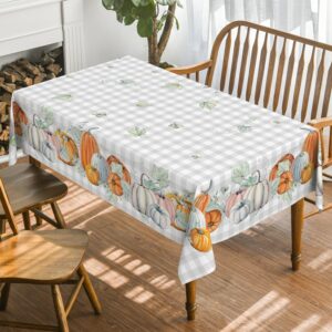 Horaldaily Fall Tablecloth 60x84 Inch Rectangular, Thanksgiving Autumn Harvest Watercolor Pumpkins Blue Buffalo Plaid Table Cover for Party Picnic Dinner Decor