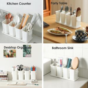 SHIMOYAMA Silverware Organizer for Kitchen Table Countertop, Plastic Utensil Holder 4-Section Spliceable Cutlery Caddy for Party, Small Flatware Storage Crock for Fork Spoon Knife, White