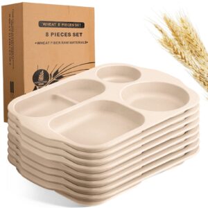 8 pcs large 12 inch unbreakable divided plates section plates kids food tray 5 compartment plates wheat straw toddlers lunch trays for kid toddler children adult microwave dishwasher safe (beige)