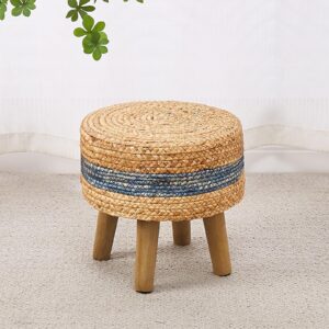 cpintltr round ottoman natural seagrass footstool hand weave water hyacinth poufs eco friendly sofa foot stool soft step stool padded foot rest with pine legs for living room bedroom blue