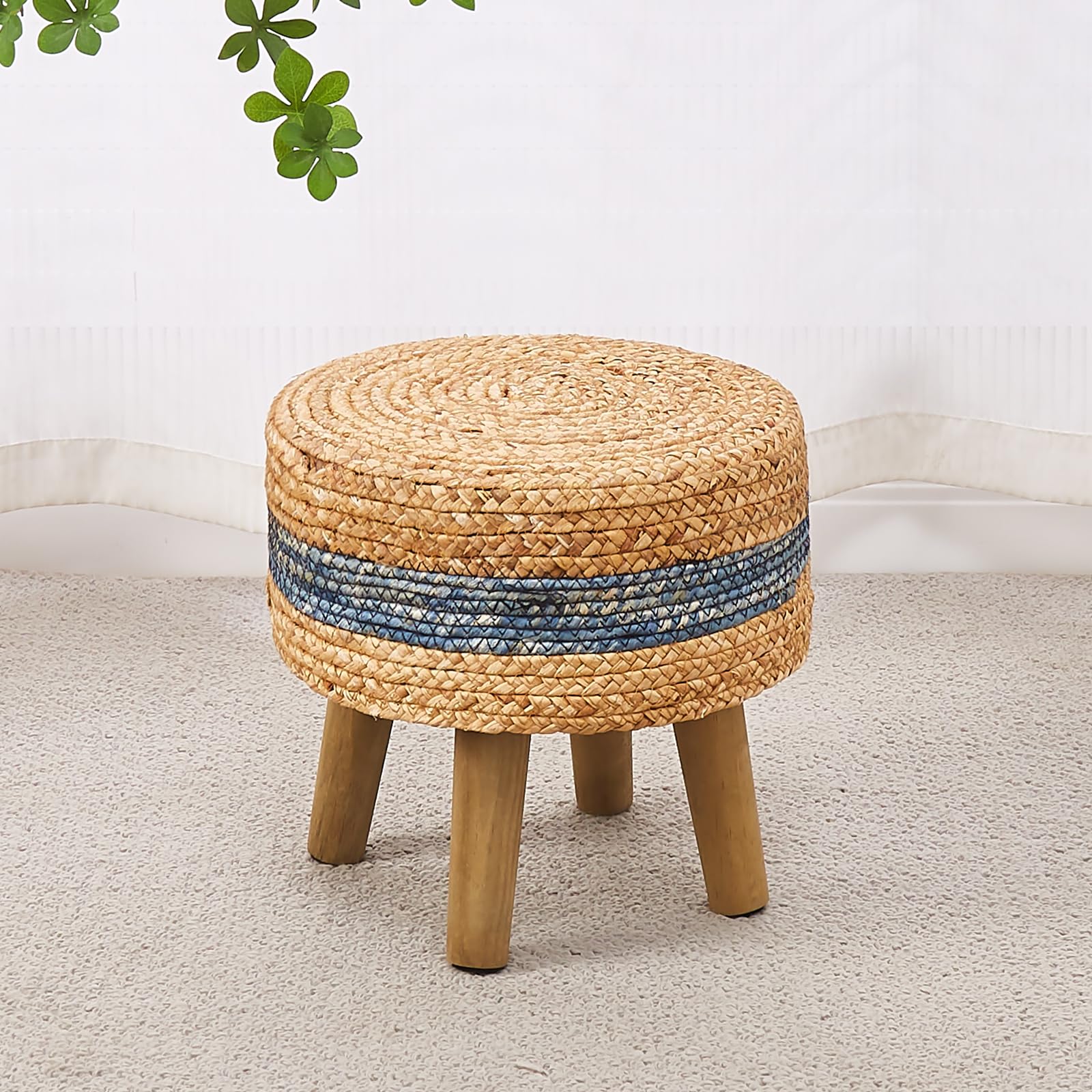 Cpintltr Round Ottoman Natural Seagrass Footstool Hand Weave Water Hyacinth Poufs Eco Friendly Sofa Foot Stool Soft Step Stool Padded Foot Rest with Pine Legs for Living Room Bedroom Blue