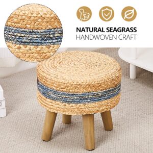 Cpintltr Round Ottoman Natural Seagrass Footstool Hand Weave Water Hyacinth Poufs Eco Friendly Sofa Foot Stool Soft Step Stool Padded Foot Rest with Pine Legs for Living Room Bedroom Blue