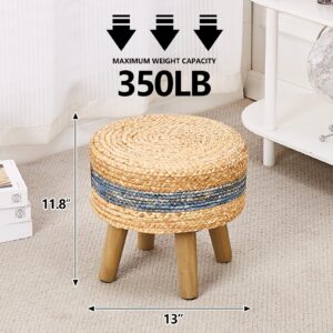 Cpintltr Round Ottoman Natural Seagrass Footstool Hand Weave Water Hyacinth Poufs Eco Friendly Sofa Foot Stool Soft Step Stool Padded Foot Rest with Pine Legs for Living Room Bedroom Blue