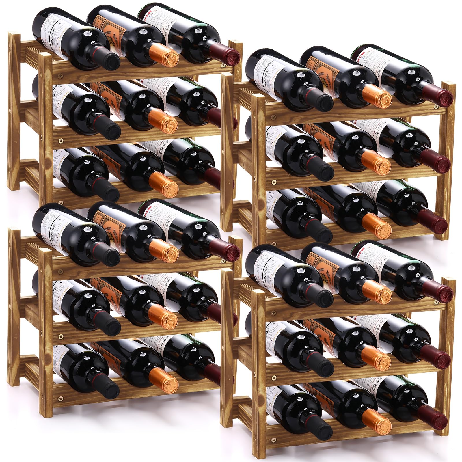 Kigley 4 Pcs Bamboo Wine Rack Countertop 3 Tier 9 Bottle Wine Holder Stand Wine Display Shelf Wine Storage Organizer for Kitchen Cabinet Counter Bar Pantry Wine Cellar Basement