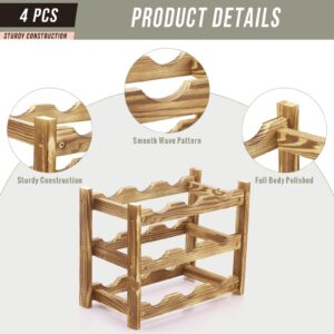 Kigley 4 Pcs Bamboo Wine Rack Countertop 3 Tier 9 Bottle Wine Holder Stand Wine Display Shelf Wine Storage Organizer for Kitchen Cabinet Counter Bar Pantry Wine Cellar Basement