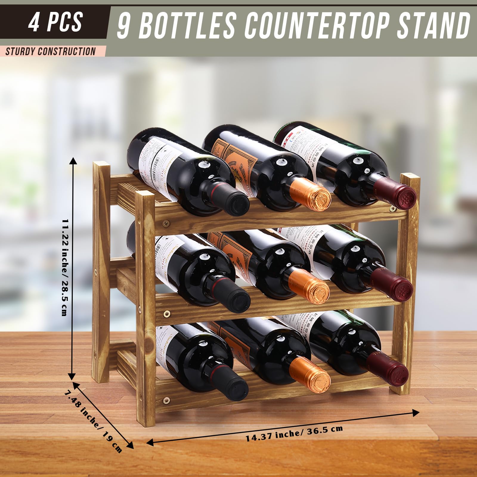 Kigley 4 Pcs Bamboo Wine Rack Countertop 3 Tier 9 Bottle Wine Holder Stand Wine Display Shelf Wine Storage Organizer for Kitchen Cabinet Counter Bar Pantry Wine Cellar Basement