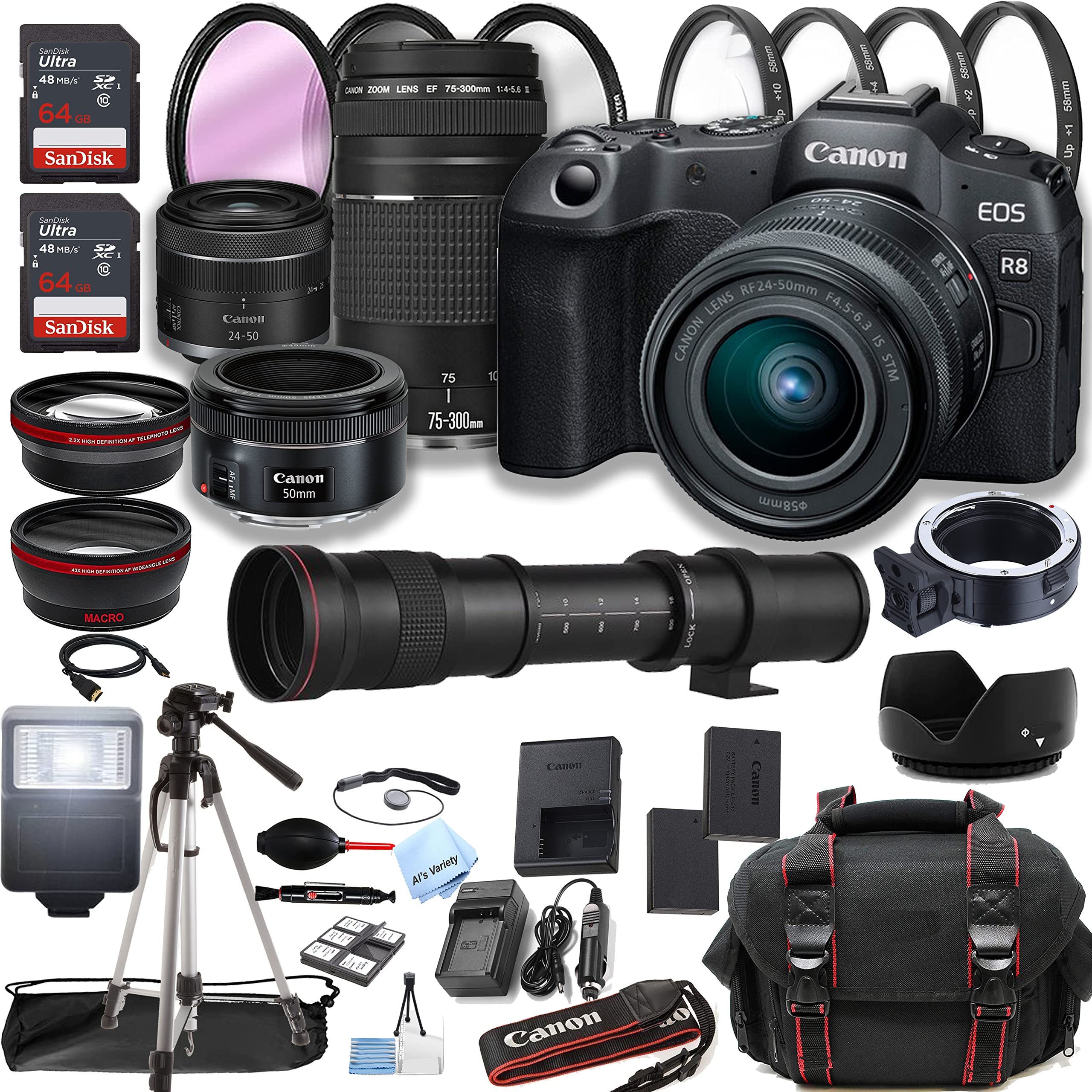 Canon EOS R8 Mirrorless Digital Camera with RF 24-50mm f/4.5-6.3 is STM Lens + 75-300mm Lens + 50mm STM Lens + 420-800mm Super Telephoto Lens + 128GB Memory + Case + Tripod + Filters (45pc Bundle)