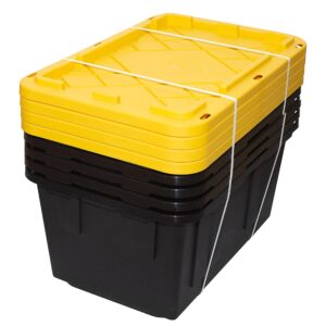 anf brands (12-pack) heavy-duty 27-gallon black and yellow storage bins, stackable with secure lids for ultimate organization