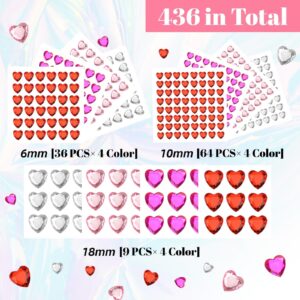 Dazzhues 436 PCS Heart Rhinestones Self Adhesive Sticker Acrylic Heart Gems for Face Hair Body Bling Heart Jewels Crystal Stickers for Wedding Valentine's Day Decoration Nail Art DIY Craft (6/10/18mm)