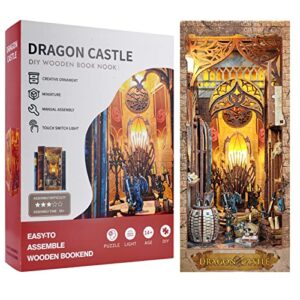 dragon castle 3d puzzles diy book nook kit,diy miniature dollhouse kit,diy wooden booknook diorama kit, bookshelf decor gifts for teens/adults