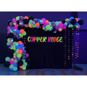 150pcs neon balloon garland kit, neon glow in the dark balloon arch with neon yellow, orange, pink, blue and neon polka dots blacklight balloons for disco party,glows with black light party supplies