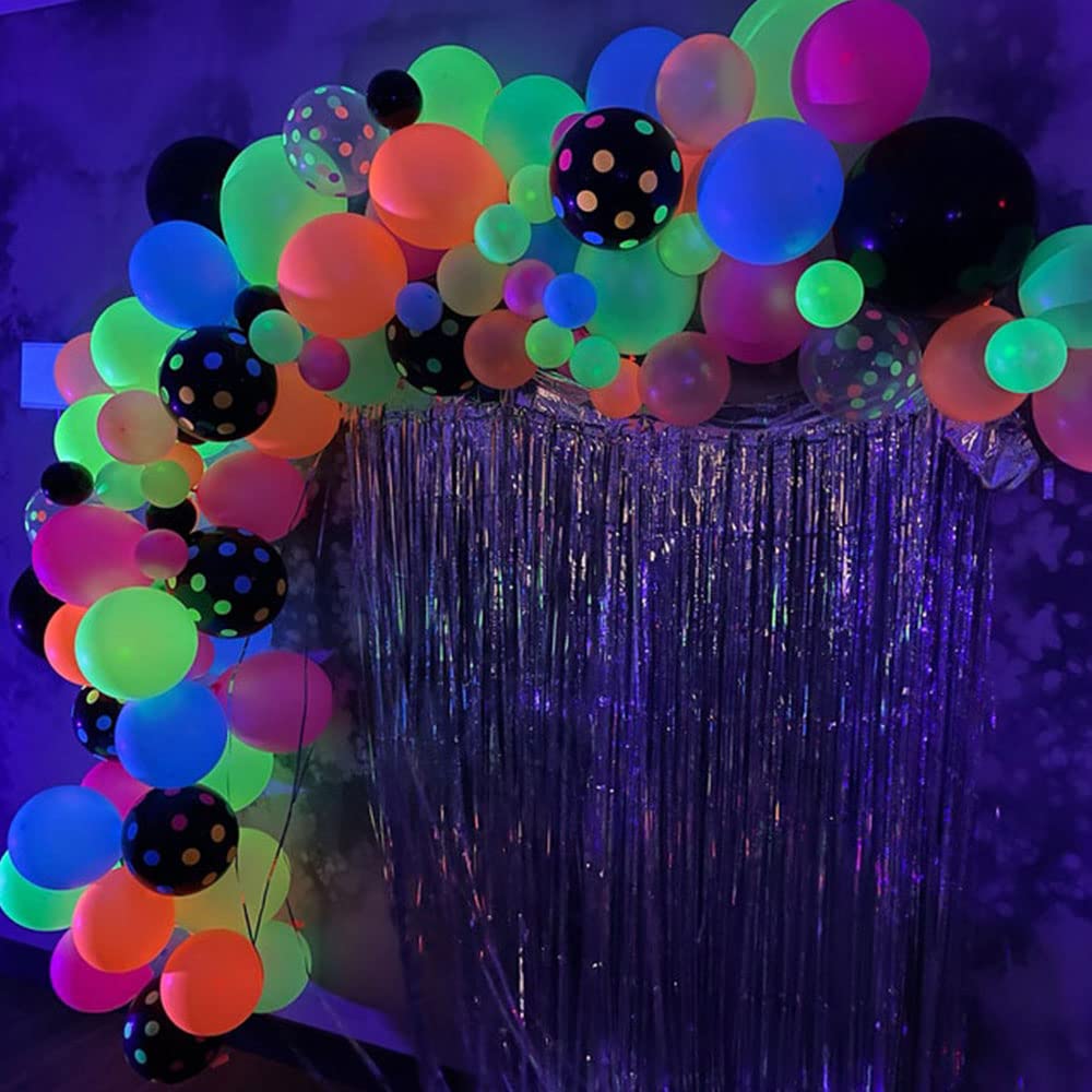 150Pcs NEON Balloon Garland Kit, Neon Glow in The Dark Balloon Arch with neon yellow, orange, pink, blue and neon polka dots Blacklight Balloons for Disco Party,Glows with Black Light Party Supplies
