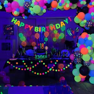 150Pcs NEON Balloon Garland Kit, Neon Glow in The Dark Balloon Arch with neon yellow, orange, pink, blue and neon polka dots Blacklight Balloons for Disco Party,Glows with Black Light Party Supplies