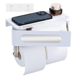 white bathroom toilet paper holder with shelf and 180°rotation movable storage box, abs material wall mount double roll tissue holder dispenser, punching or self adhesive two different installation