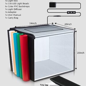 Glendan Light Box Photography, 24" x 20" Professional Photo Studio Light Box, Large Photo Box with 336 High Color Rendering Index LED Lights & 6 Color PVC Backdrops for Product Photography