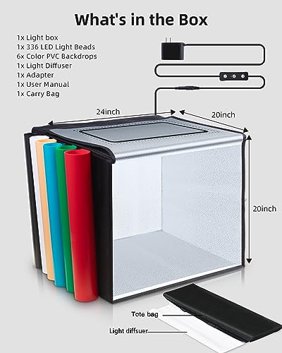 Glendan Light Box Photography, 24" x 20" Professional Photo Studio Light Box, Large Photo Box with 336 High Color Rendering Index LED Lights & 6 Color PVC Backdrops for Product Photography