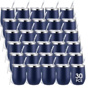 30 pieces 12 oz stainless steel wine tumbler bulk double wall vacuum insulated wine glasses with lids and straws travel mugs coffee tumbler cups for wedding birthday party favor gifts (navy blue)