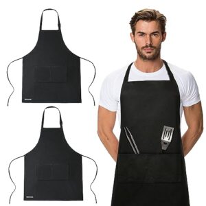 comfyanno aprons for men, 2 pack 100% cotton mens apron, black chef kitchen cooking apron, men grilling bbq apron with 2 pockets, waterproof man apron for gardening, baking