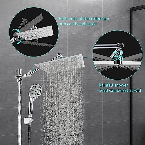 Shower Head Combo,10 Settings Handheld Filtered Shower head/10" High Pressure Rain Shower Head with 11" Extension Arm,Bracket/Hose, Chrome