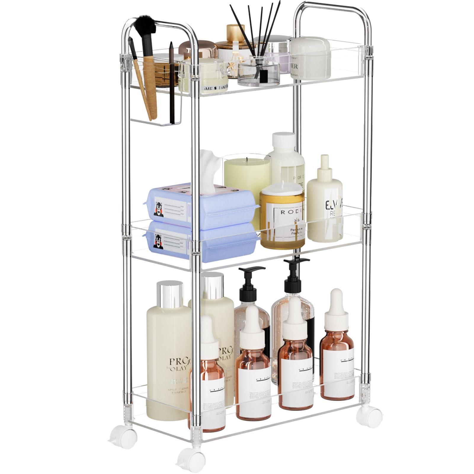 SPACEKEEPER 3 Tier Acrylic Storage Rolling Cart Clear Bathroom Cart Organizer, Transparency Laundry Room Organization Mobile Shelving Unit Multifunction Rolling Utility Cart for Office Living Room