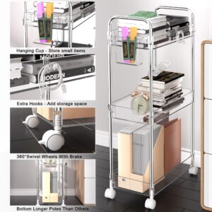 SPACEKEEPER 3 Tier Acrylic Storage Rolling Cart Clear Bathroom Cart Organizer, Transparency Laundry Room Organization Mobile Shelving Unit Multifunction Rolling Utility Cart for Office Living Room