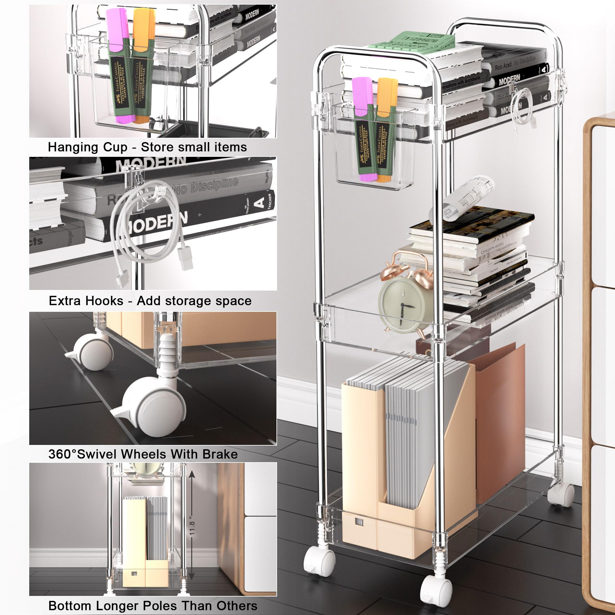 SPACEKEEPER 3 Tier Acrylic Storage Rolling Cart Clear Bathroom Cart Organizer, Transparency Laundry Room Organization Mobile Shelving Unit Multifunction Rolling Utility Cart for Office Living Room