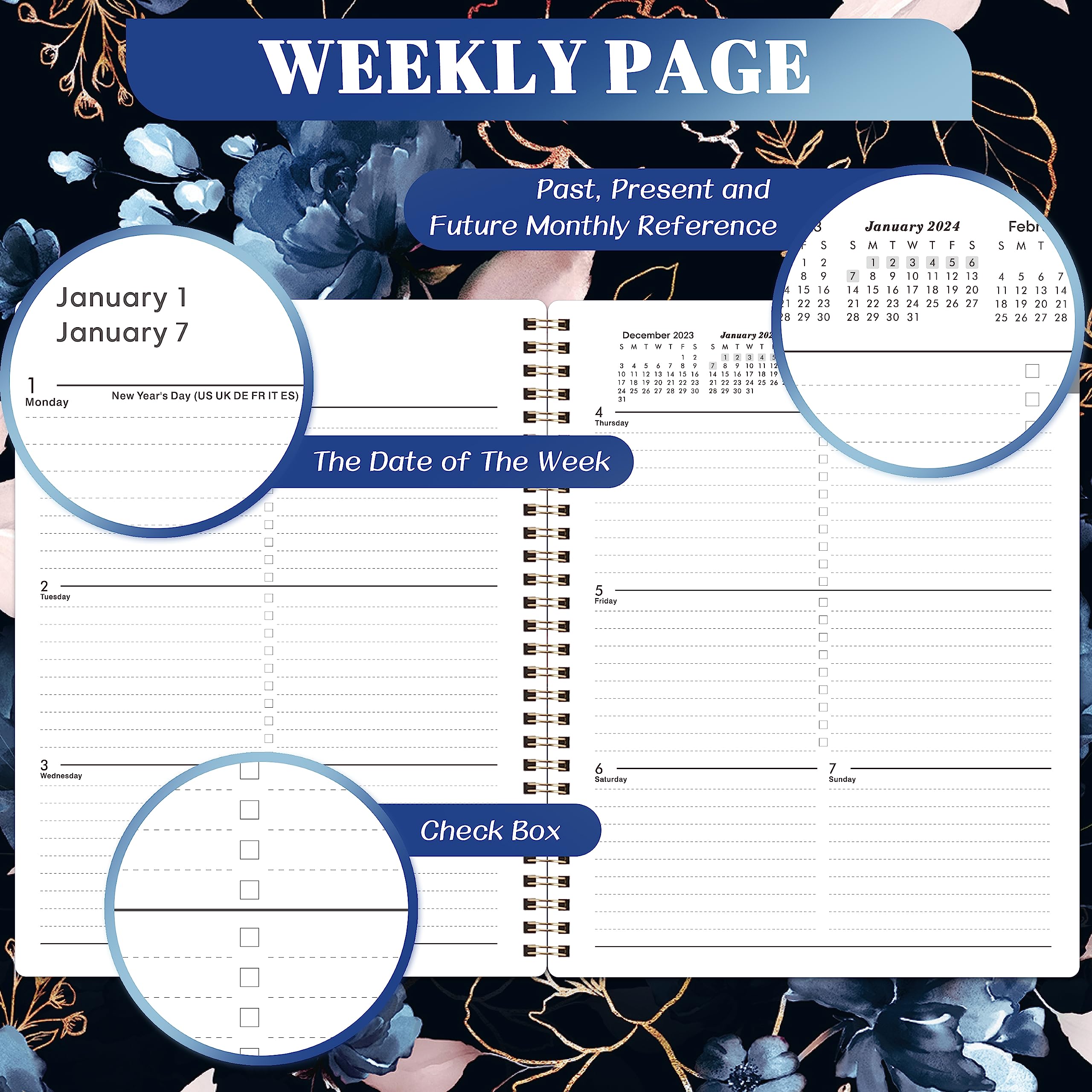 2024 Planner - 2024 Planner Weekly and Monthly, Jan. 2024 - Dec. 2024, 8'' x 10'', 2024 Calendar Planner with Twin-Wire Binding, Premium Paper, Flexible Cover, Check Box - Ink Painted Flowers