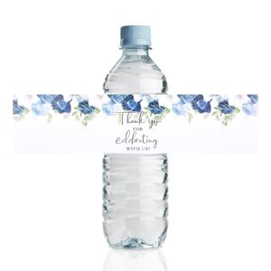 urroma wedding water bottle labels, 50 pcs thank you white and blue rose water bottle wraps water bottle stickers for birthday baby shower