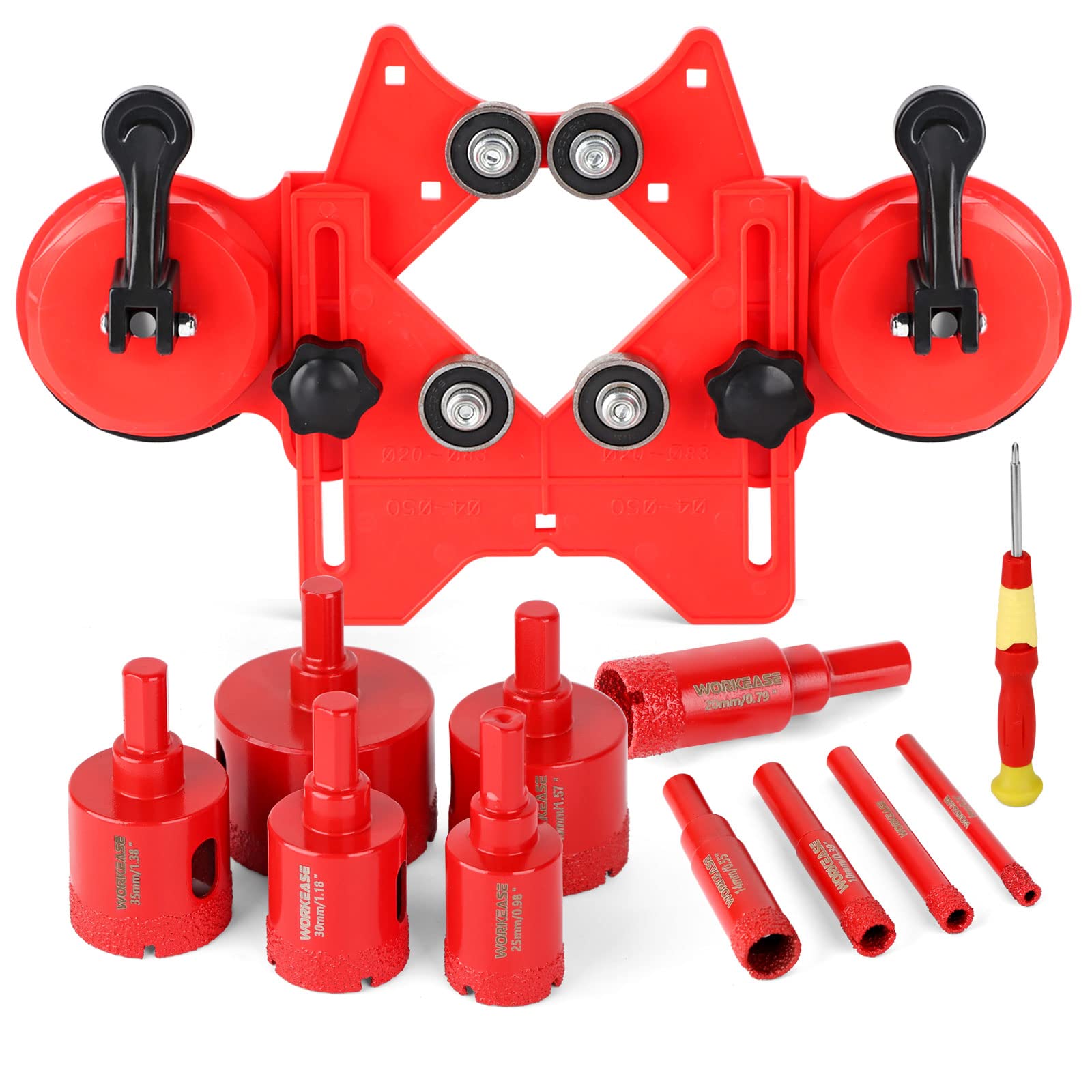 WORKEASE Diamond Hole Saw Kit, 11 Pcs Brazed Hollow Tile Hole Saw Set (0.24”-2”) with Double Suction Cups Hole Saw Guide Jig, Diamond Drill Bit Set Suitable for Glass, Ceramic, Tile, Marble, Porcelain