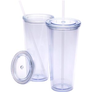 zephyr canyon 32oz double wall plastic tumblers with lids and straws | extra large classic travel tumbler | 2 pack set of 2 | clear reusable cups with straws | bpa free