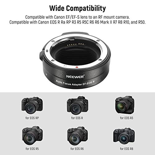 NEEWER EF to EOS R Mount Adapter, EF/EF-S Lens to RF Mount Camera Autofocus Converter Ring Compatible with Canon EOS R Ra RP R6 Mark II R6 R5 R3 R7 R10 R8 R50, Max Load: 4.4lb/2kg, NW-EF-EOSR