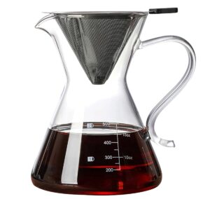 cofisuki pour over coffee maker - elegant drip coffee maker with reusable stainless steel filter/dripper, lead-free borosilicate glass coffee carafe for 1-4cup (500ml/17oz)