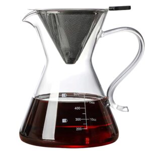 COFISUKI Pour Over Coffee Maker - Elegant Drip Coffee Maker with Reusable Stainless Steel Filter/Dripper, Lead-Free Borosilicate Glass Coffee Carafe for 1-4Cup (500ml/17oz)