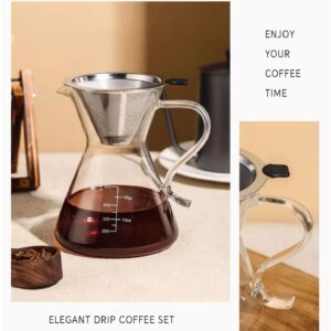 COFISUKI Pour Over Coffee Maker - Elegant Drip Coffee Maker with Reusable Stainless Steel Filter/Dripper, Lead-Free Borosilicate Glass Coffee Carafe for 1-4Cup (500ml/17oz)