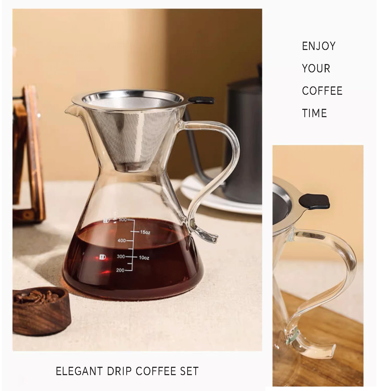 COFISUKI Pour Over Coffee Maker - Elegant Drip Coffee Maker with Reusable Stainless Steel Filter/Dripper, Lead-Free Borosilicate Glass Coffee Carafe for 1-4Cup (500ml/17oz)