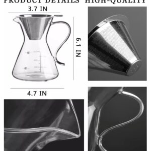 COFISUKI Pour Over Coffee Maker - Elegant Drip Coffee Maker with Reusable Stainless Steel Filter/Dripper, Lead-Free Borosilicate Glass Coffee Carafe for 1-4Cup (500ml/17oz)