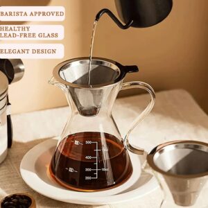 COFISUKI Pour Over Coffee Maker - Elegant Drip Coffee Maker with Reusable Stainless Steel Filter/Dripper, Lead-Free Borosilicate Glass Coffee Carafe for 1-4Cup (500ml/17oz)