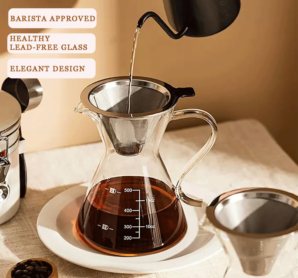 COFISUKI Pour Over Coffee Maker - Elegant Drip Coffee Maker with Reusable Stainless Steel Filter/Dripper, Lead-Free Borosilicate Glass Coffee Carafe for 1-4Cup (500ml/17oz)