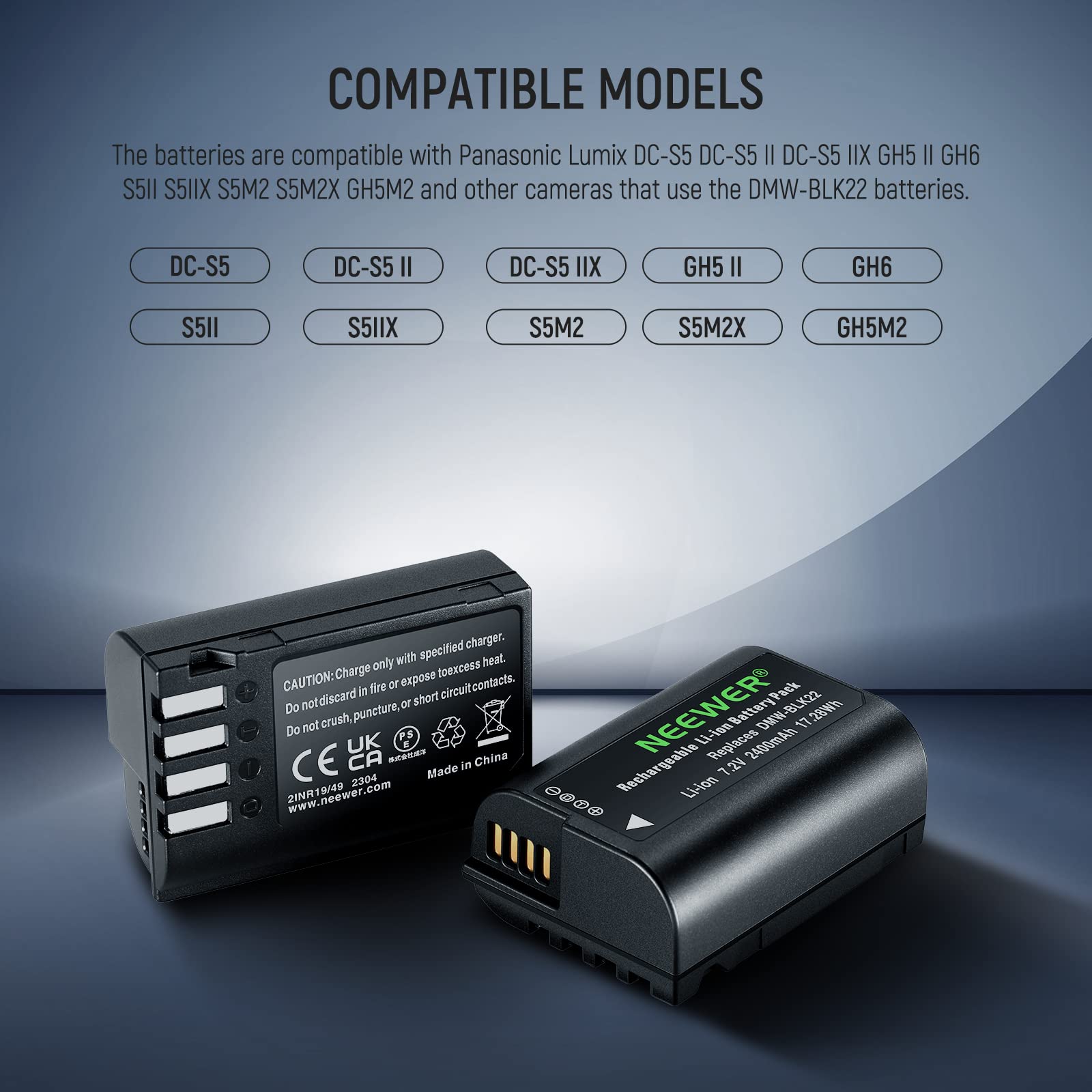 NEEWER DMW-BLK22 Replacement Battery and Charger Set, 2 Pack 2400mAh Batteries and Type C Dual Channel USB Charger, Compatible with Panasonic Lumix DC-S5 DC-S5 II DC-S5 IIX GH5 II GH6 S5II S5M2 GH5M2