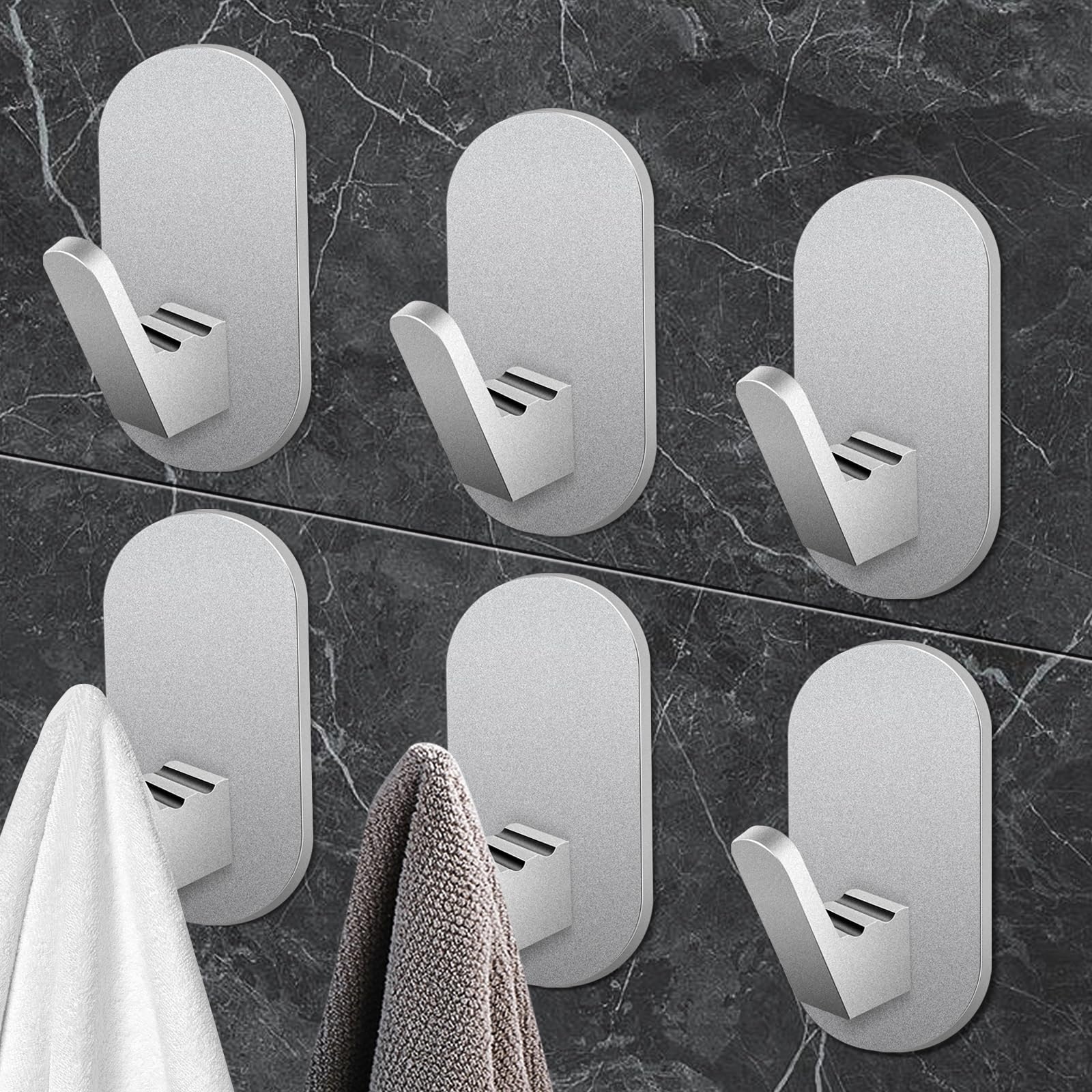 Adhesive Towel Hooks for Hanging Heavy Duty Wall Hooks Stick on Bathroom, Kitchen, Glass Door,Tile, Mirror, No Tools Matte Black Robe Holder(6 Pack)