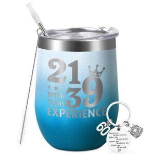 lifecapido 60th birthday gifts for women - 21 with 39 years experience 12oz insulated wine tumbler, funny birthday gifts mother's day gifts for mom friends coworkers, white blue gradient