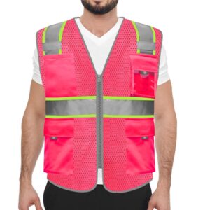 hycoprot high visibility mesh reflective safety vests with pockets and zipper, meets ansi/isea standards (pink, small)